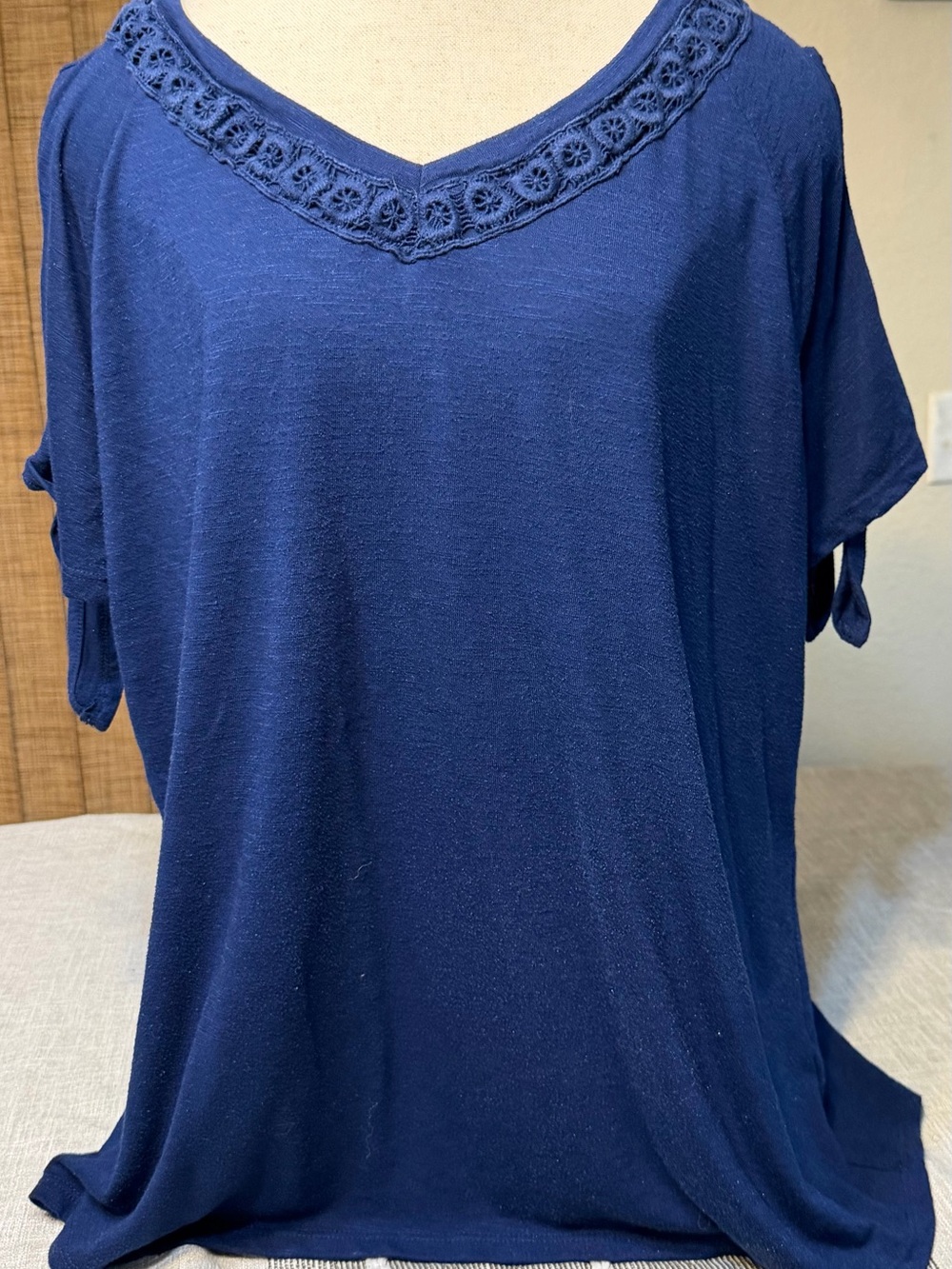 St. John's Bay Navy V-Neck Short Sleeve Crochet Trim Top